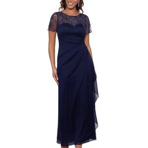 NWOT: Xscape Beaded Neck Ruched Cap Sleeve Gown, Navy, Size 12